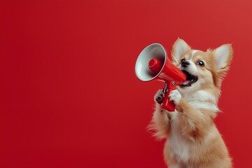 Dog holding a megaphone in its paws and barking into it, set against a solid background, humorously suggesting an announcement of discounts and promotions at a pet store.