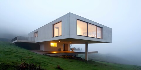 Modern Concrete House with Large Windows Overlooking Foggy Hillside