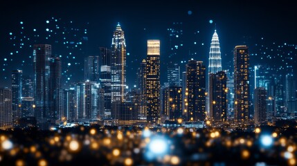 Fototapeta premium Captivating Cityscape at Night with Illuminated Skyscrapers and Glowing Lights in Metropolitan Downtown