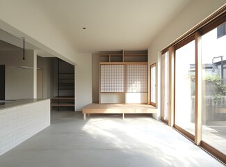 Obraz premium Modern Japanese Style Interior Design with Wooden Floor and Sliding Doors