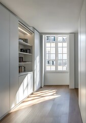 Modern Minimalist White Room with a Window and Built In Shelving