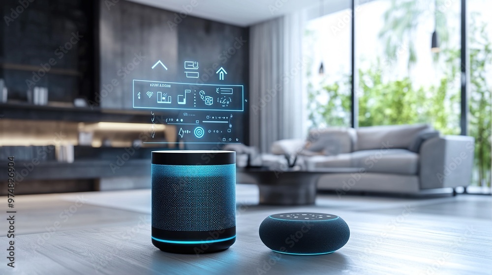 Wall mural smart speaker with digital interface showing search optimization results, home environment, focused 