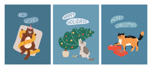 New Year and Christmas greeting cards with cute cats. Feline pets lying on rug with garlands, playing with Christmas tree, climbed into giftbox. Vector flat design for celebration print, poster