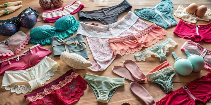 Assortment of female undergarments on a table, showcasing various styles, fabrics, and colors, including lace, cotton,