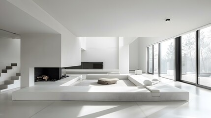 Minimalist White Living Room with Fireplace and Large Windows