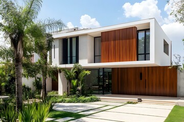 Modern Home with Wooden Facade and Lush Greenery