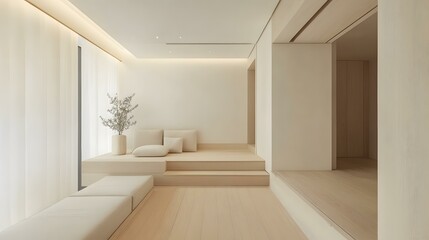 Fototapeta premium Minimalist Interior Design with Wooden Platform and White Curtains
