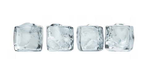 Four ice cubes lined up isolated transparent background image