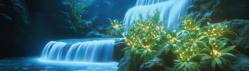 Obraz premium A peaceful nature scene with glowing medicinal plants near serene waterfall, surrounded by lush greenery and soft, flowing water. tranquil atmosphere invites relaxation and reflection