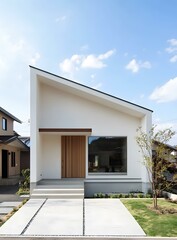 Modern Minimalist House Design with a Slanted Roof and a Wooden Door