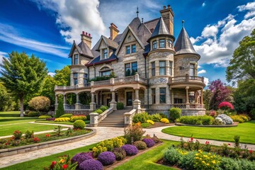 A stunning, modernized, Victorian-era mansion with a striking facade, featuring elaborate stonework, grand entryway,