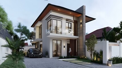 Fototapeta premium Modern Two Storey House With A Car In The Driveway