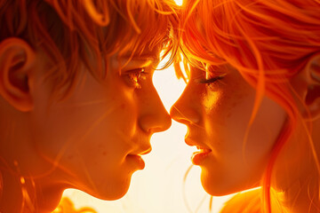 Two people with orange hair are kissing each other