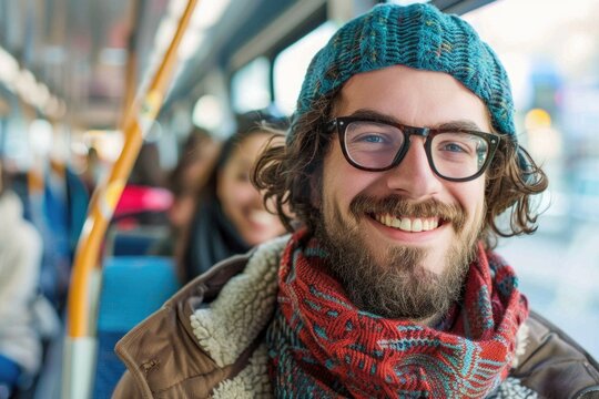 A person wearing glasses and a hat rides a public transportation vehicle, a common urban scene