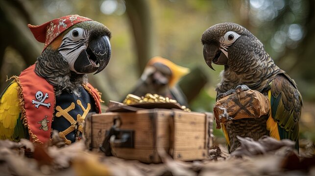 Three colorful parrots dressed as pirates gather around a treasure chest in a vibrant forest setting.