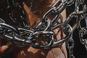 A close-up of glistening chains intertwined with droplets of water, creating a striking contrast between strength and fluidity.