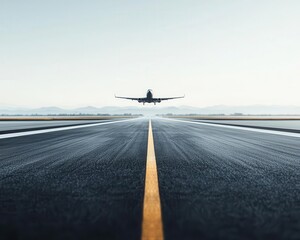 Obraz premium A smooth airport runway of dark asphalt, with a plane taking off into the sky runway, asphalt, smooth surface