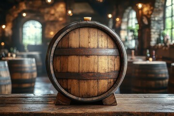 weathered oak barrel in rustic winery cellar soft ambient light filtering through dusty air rich wood grain textures warm earthy tones vintage atmosphere