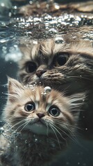 Cat Swimming with Her Kitten in Crystal Clear Water with Air Bubbles, Realistic Photo, Pattern Background, Wallpaper, Cover and Screen for Smartphone, PC, Laptop, 9:16 and 16:9 Format
