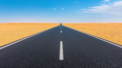 A wide-open desert road with smooth, flawless asphalt stretching into the distance under a blue sky desert road, asphalt, smooth surface
