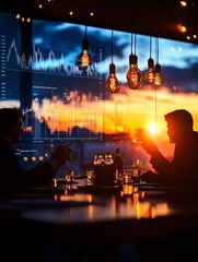 Two professionals engaged in conversation at a trendy venue with beautiful sunset and data visualization in the background.