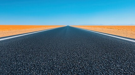 Naklejka premium A wide-open desert road with smooth, flawless asphalt stretching into the distance under a blue sky desert road, asphalt, smooth surface