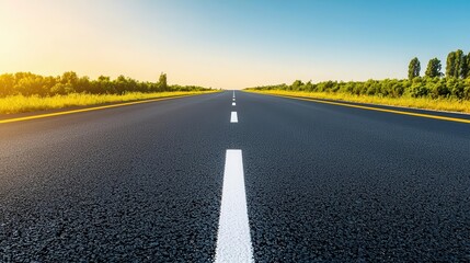 Naklejka premium A freshly paved highway stretching into the horizon, smooth asphalt reflecting the early morning sun highway, asphalt, smooth road surface