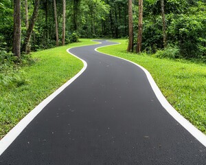 Obraz premium A newly paved bike path with smooth asphalt, curving through a quiet park with trees in the background bike path, asphalt, smooth surface park