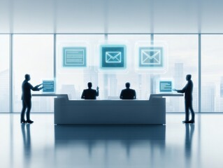 Obraz premium Silhouettes of business professionals interacting in a modern office setting with digital screens showcasing data and emails.