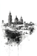 Fototapeta premium Reynosa, Mexico, black and white pen pencil hand-drawn effect portrait drawing illustration for travel poster, card, wallpaper, backdrop or banner. Modern, clear, artistic and simple