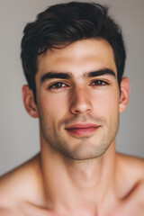 Obraz premium headshot close up of a handsome man with dark hair and eyebrows with a soft smile studio image neutral gray backdrop