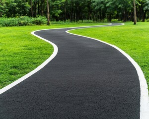 A newly paved bike path with smooth asphalt, curving through a quiet park with trees in the background bike path, asphalt, smooth surface park