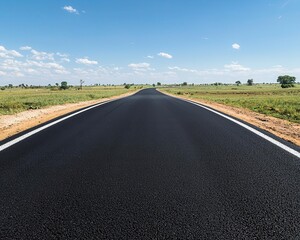 Fototapeta premium A newly constructed asphalt road in a rural area, surrounded by open fields and blue skies rural road, asphalt, smooth surface