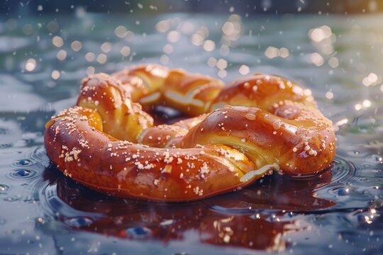 A close-up shot of a pretzel submerged in water
