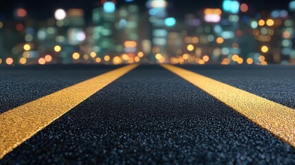 A newly finished urban highway with smooth, dark asphalt, reflecting city lights at night urban highway, asphalt, smooth surface night