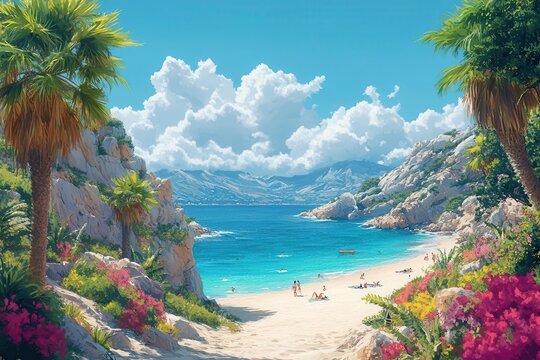 whimsical cartoon beach scene with exaggerated features vibrant colors quirky characters and playful elements evoking a fun and relaxed vacation vibe