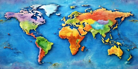 A vibrant, detailed, and colorful world map showcasing the 7 continents, country borders, and geographical features,