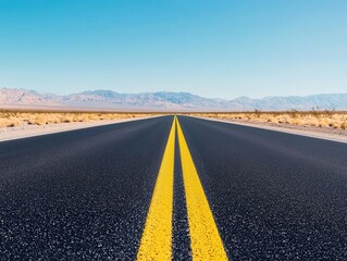 Fototapeta premium A long desert highway with smooth asphalt disappearing into the horizon, framed by arid mountains desert highway, asphalt, smooth surface