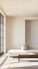 Fototapeta premium Luxurious Mediterranean room interior design with natural lighting, elegant furniture and large windows