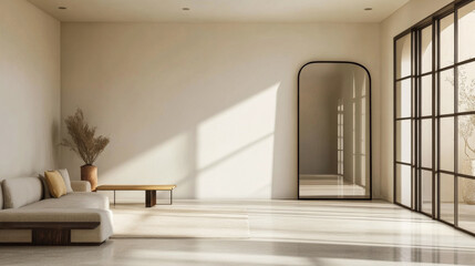 Fototapeta premium Luxurious Mediterranean room interior design with natural lighting, elegant furniture and large windows