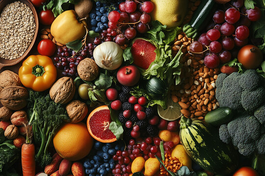 Auswahl an gesunden Lebensmittel f&uuml;r eine ausgewogene Ern&auml;hrung, Superfood Lebensmittel f&uuml;r die Gesundheit,  vegetarische Ern&auml;hrung mit Gem&uuml;se, Obst, und N&uuml;ssen