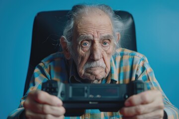 An elderly person enjoying their favorite video game with a classic controller