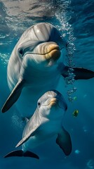 Fototapeta premium Dolphin Swimming with Her Calf in Crystal Clear Water with Air Bubbles, Photo Realistic, Pattern Background, Wallpaper, Cover and Screen for Smartphone, PC, Laptop, 9:16 and 16:9 Format