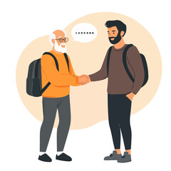 A cheerful elderly man and a young man shake hands with backpacks, symbolizing a warm exchange or agreement during a travel or outdoor activity.