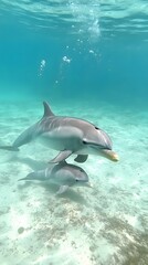 Fototapeta premium Dolphin Swimming with Her Calf in Crystal Clear Water with Air Bubbles, Photo Realistic, Pattern Background, Wallpaper, Cover and Screen for Smartphone, PC, Laptop, 9:16 and 16:9 Format