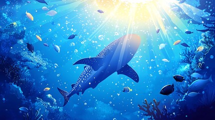 A whale shark swims through a coral reef with colorful fish and sunlight shining through the water.