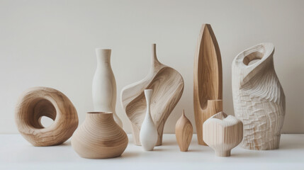A collection of sleek, wooden sculptures with smooth surfaces and minimalist designs, arranged neatly on a white background.