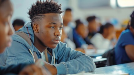 Fototapeta premium A young student sits at a desk in a traditional classroom setting, focusing on his studies