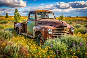A weathered, rusty old truck with faded paint and worn tires stands abandoned in a dusty, overgrown field,