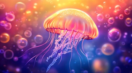 A vibrant, glowing jellyfish with pink tentacles floats amidst colorful bubbles in a deep blue ocean.